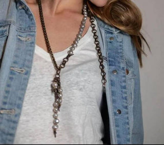 Embrazio - Bronze and Baroque Pearl Opera Necklace or Double-Wrap Choker with Cascading Pearl Tassel