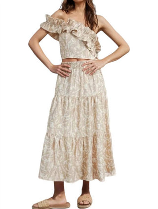 Buttermelon - Abey Leaf Print One-Shoulder Cropped Top & Maxi Skirt