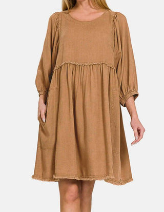 Zenana - Washed Linen Pleated Puff Sleeve Babydoll Dress