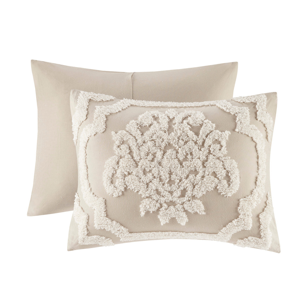 3 Piece Tufted Cotton Chenille Damask Comforter Set Taupe King/Cal King
