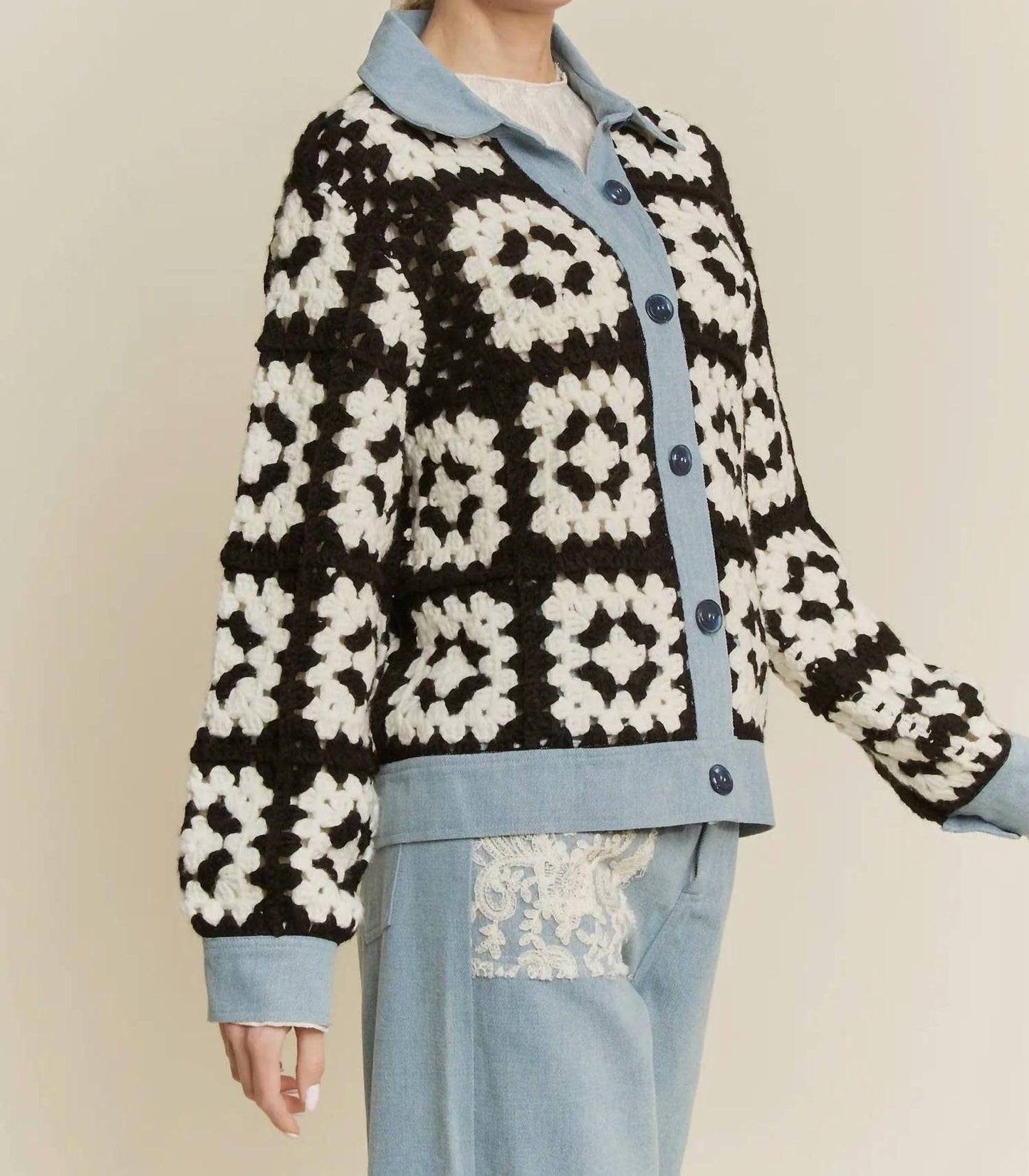 Davi & Dani - Crochet Bodice & Denim Detail Button Front Shirt Jacket