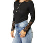 Double Take - Elegant Crochet Lace Border Sleeve Button Blouse