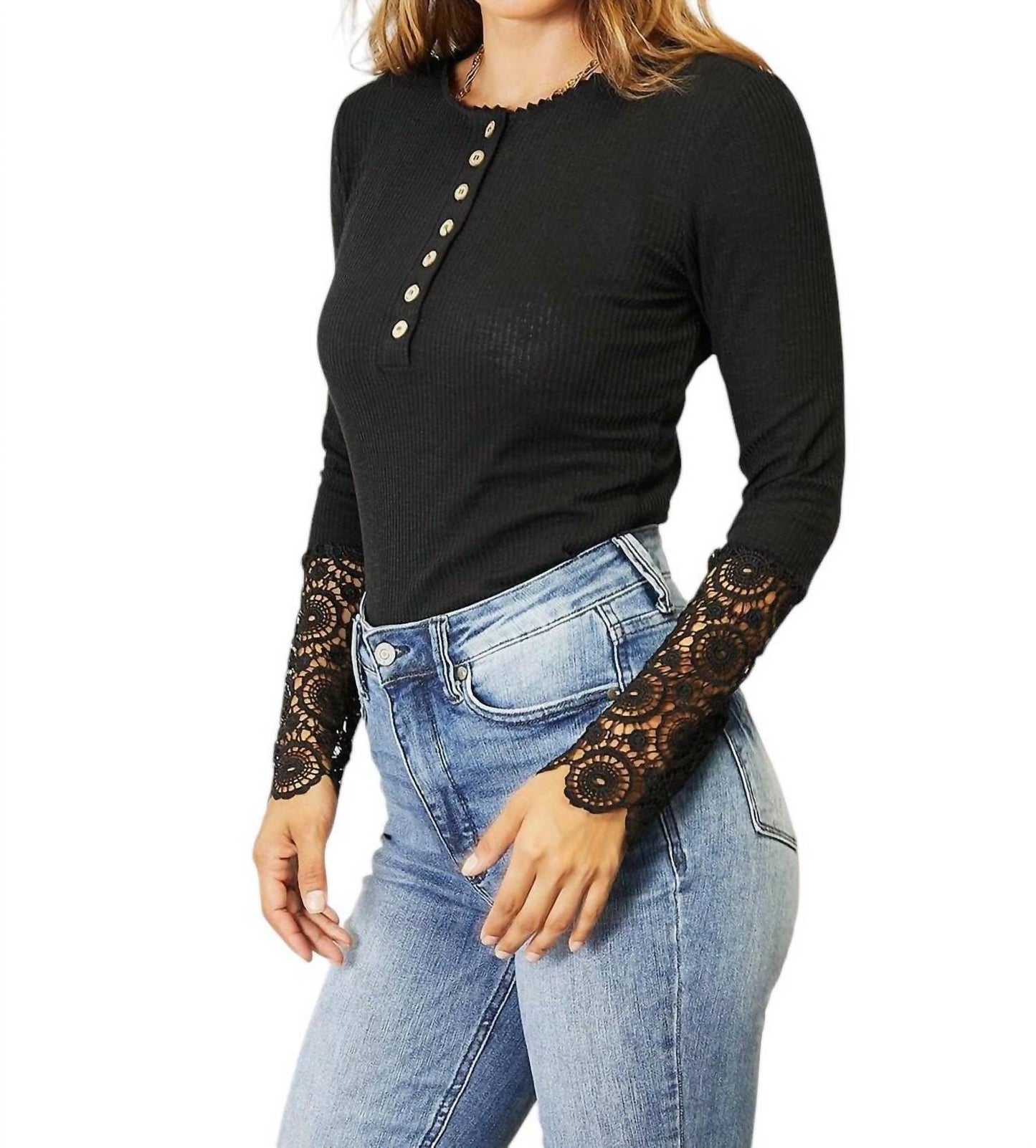 Double Take - Elegant Crochet Lace Border Sleeve Button Blouse
