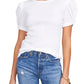 1. STATE Womens White Cotton Ribbed Pouf Sleeve Crew Neck Wear To Work T-Shirt L