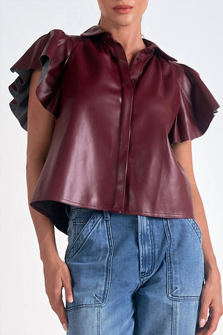 Elan - Flutter Sleeve Faux Leather Top