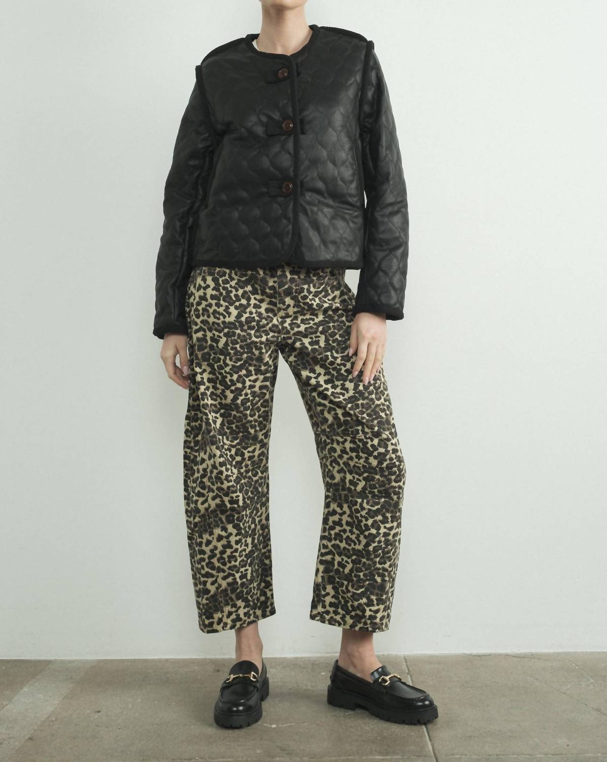 Aaron & Amber - PU Faux Leather Quilted Button Down Coat