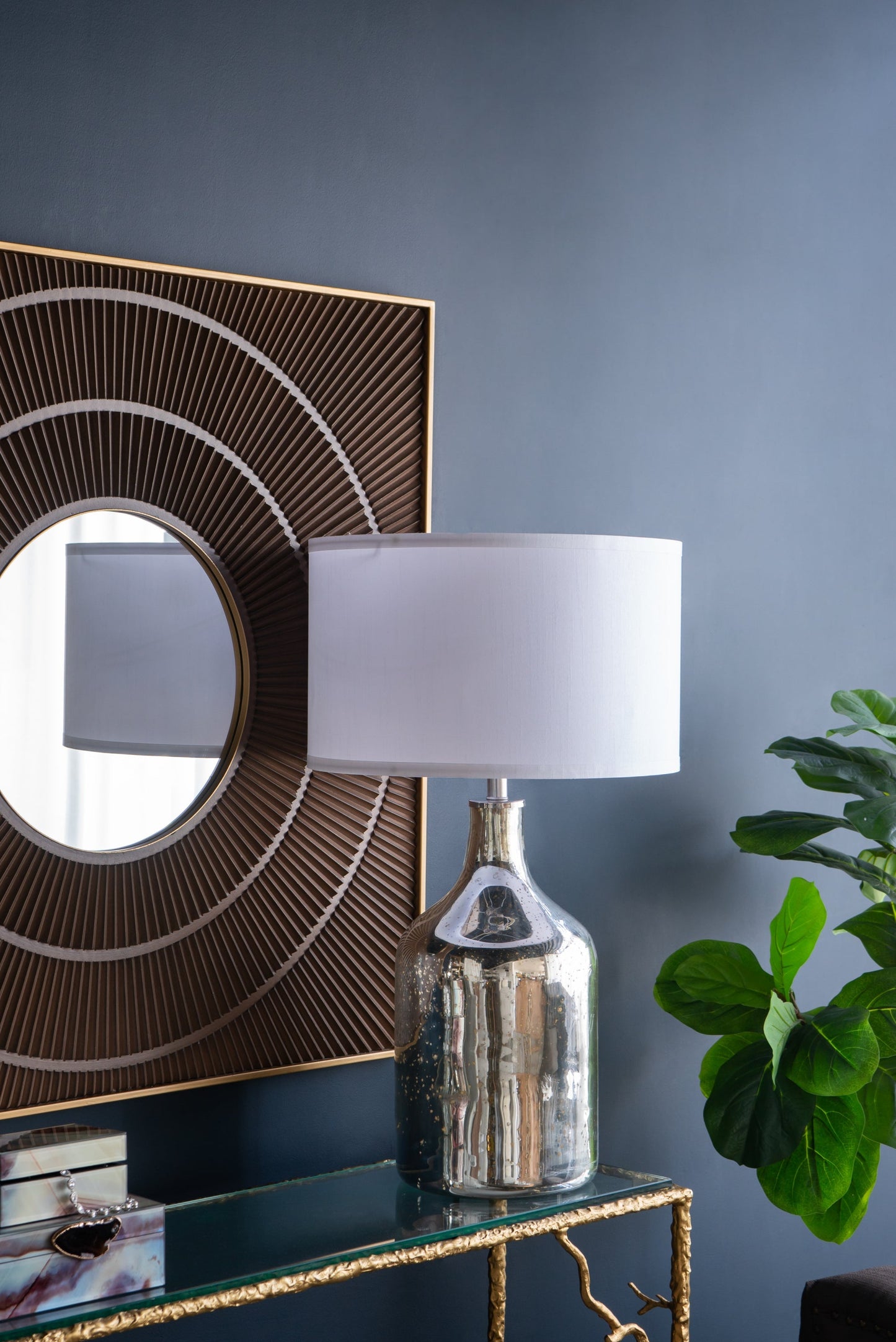 Silver Round Table Lamp with White Fabric Shade