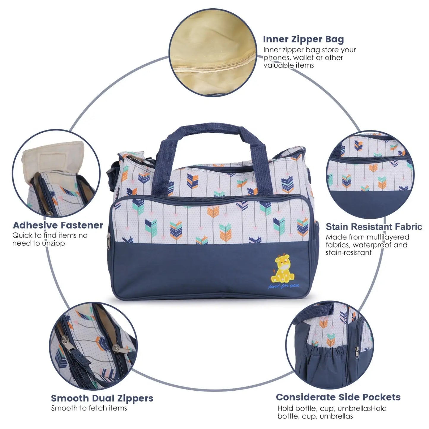 5 Piece Patterned Baby Diaper Bag Set with Travel Accessories