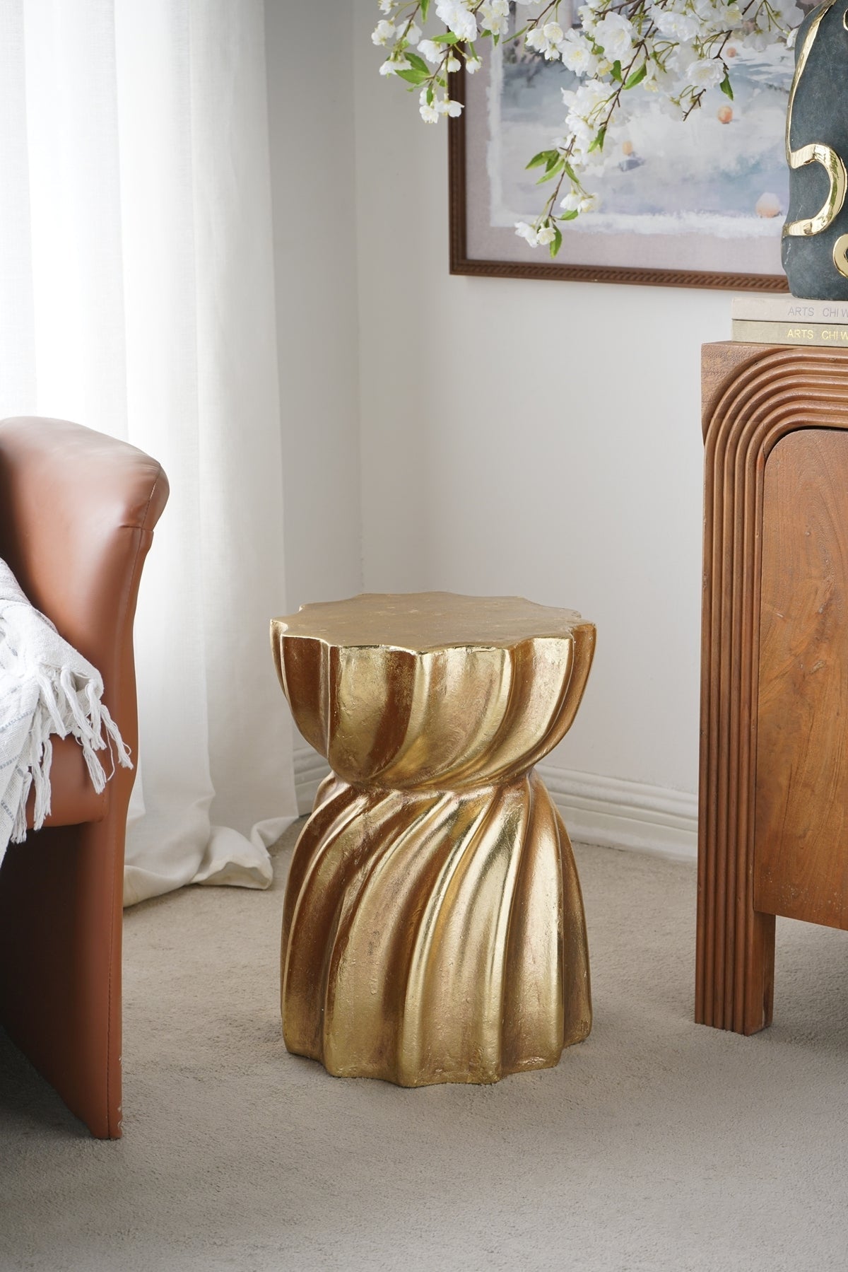 14x14x18.7 Gold Magnesium Accent Stool with Sculptural Swirl Design