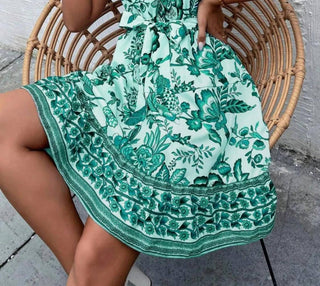 Trendsi - Printed Tie Waist Mini Dress