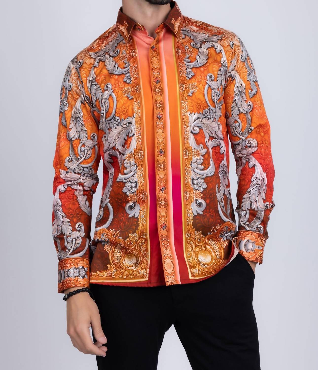 Barabas - Floral Exquisite Rhinestone Long Sleeve Shirt