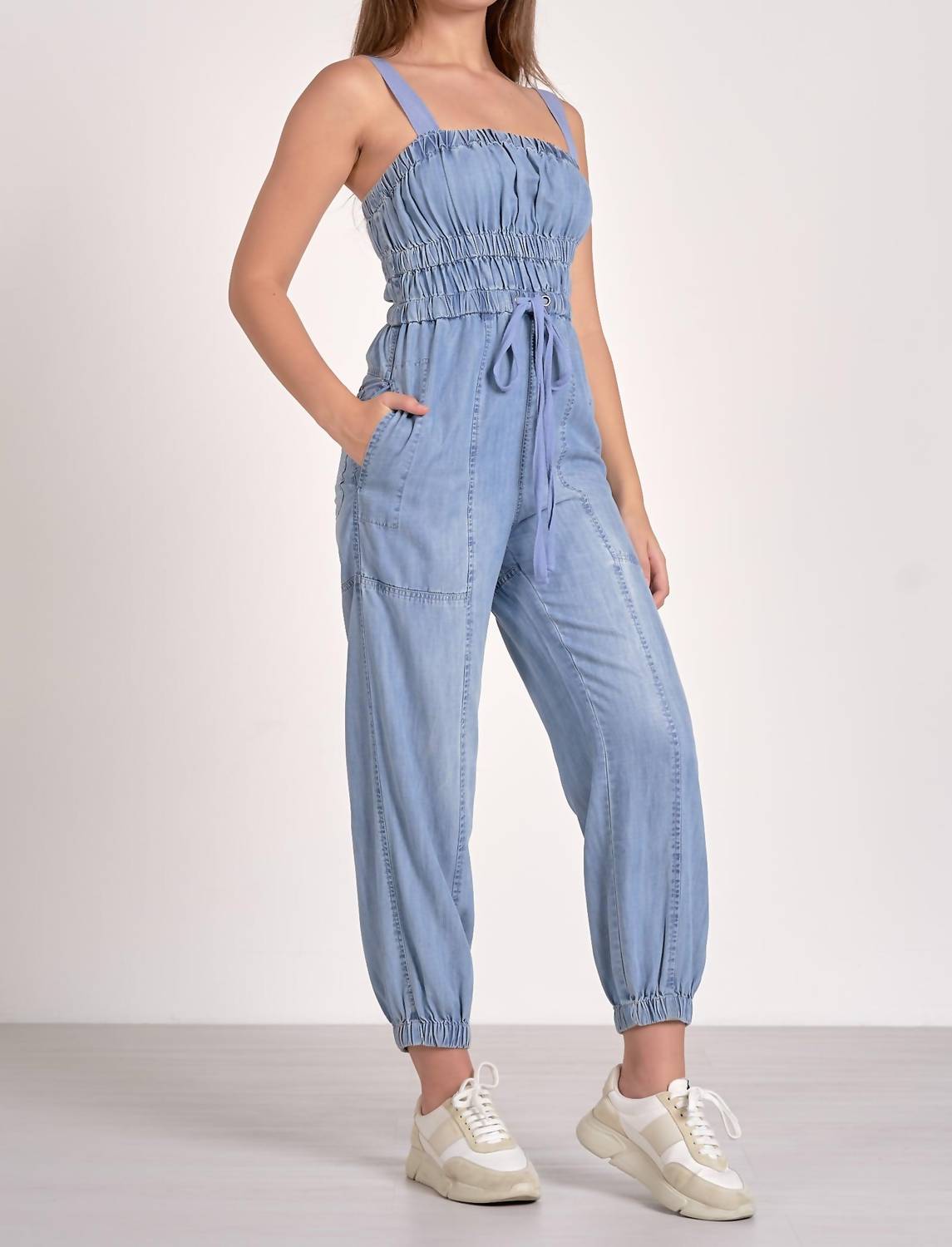 Elan - Smocking And Tie Waist Denim Jumpsuit