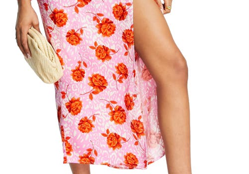 Topshop Pink Floral Satin Midi Skirt Size 6 Us