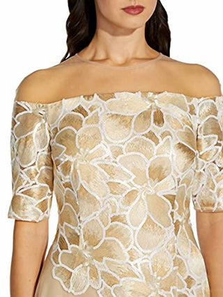 Adrianna Papell - Short Sleeve Embroidered Sequined High Low Hem Mesh Dress