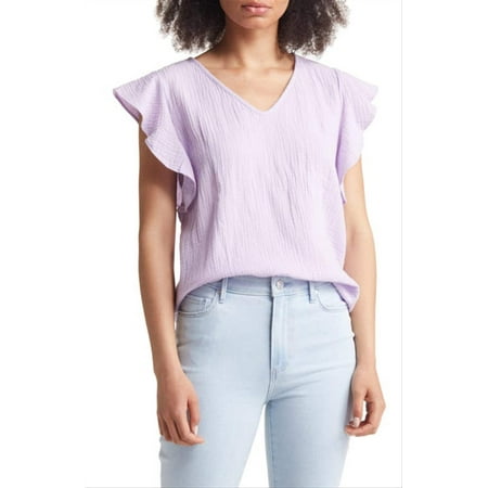 Caslon Women's Large V-Neck Ruffle Sleeve Top - Purple Bloom