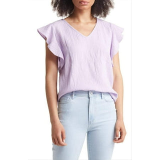 Caslon Women's Large V-Neck Ruffle Sleeve Top - Purple Bloom