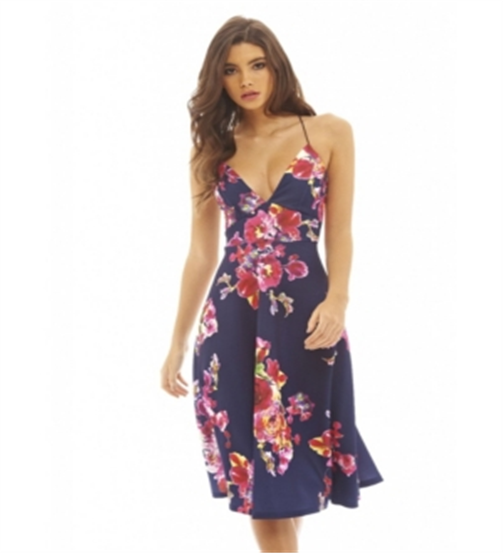 AX Paris Women's Strappy Floral Midi Skater Dress Blue Size 10