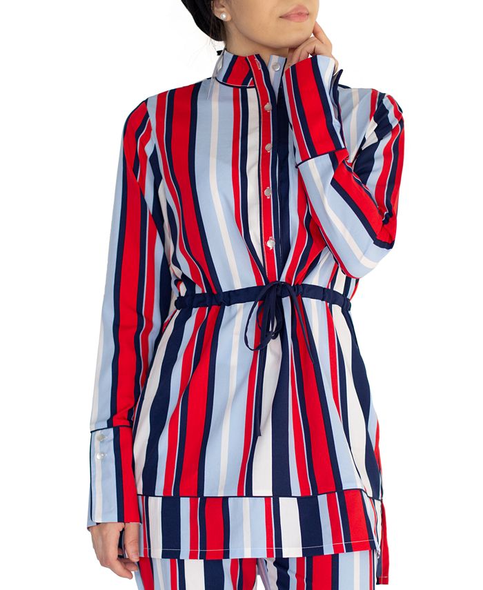 Verona Women's Giorgia Striped Stand Collar Tunic Top Red Size Large