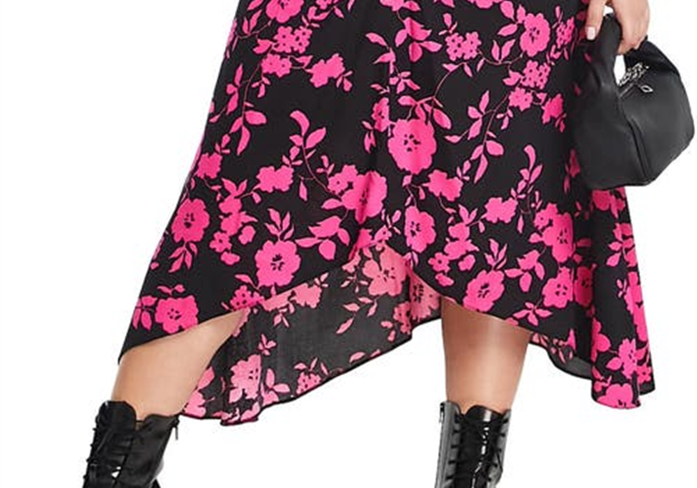 ASOS DESIGN Curve Size 12W US Floral Ruched Asymmetric Midi Skirt in Multi