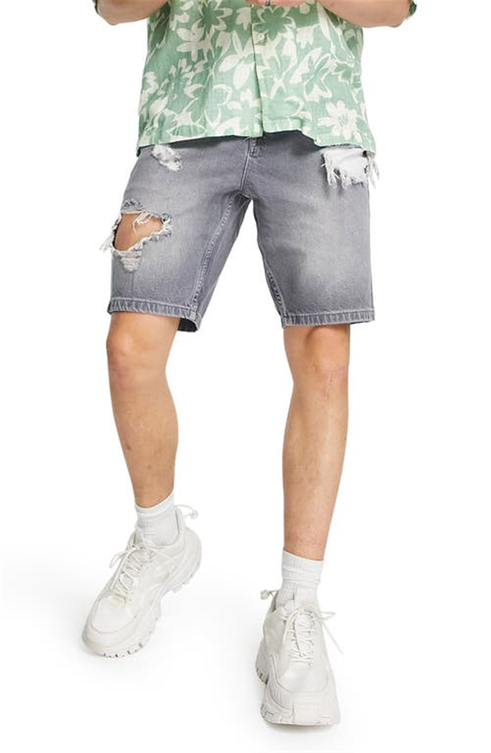 ASOS DESIGN Men's Grey Distressed Slim Denim Shorts Size 30