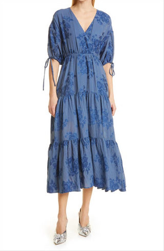 Ted Baker London Women's Blue Floral Puff Sleeve Faux Wrap Midi Dress Size 2