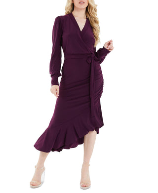 Quiz Women's Ruffle Trim Asymmetrical Wrap Style Dress Purple Size 12