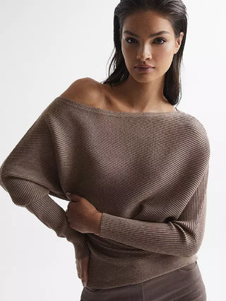 Reiss Women's Lorna Draped Knit Top Brown Size Medium