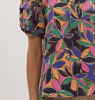 Entro - Floral Print Short Sleeve Tiered Detail Blouse