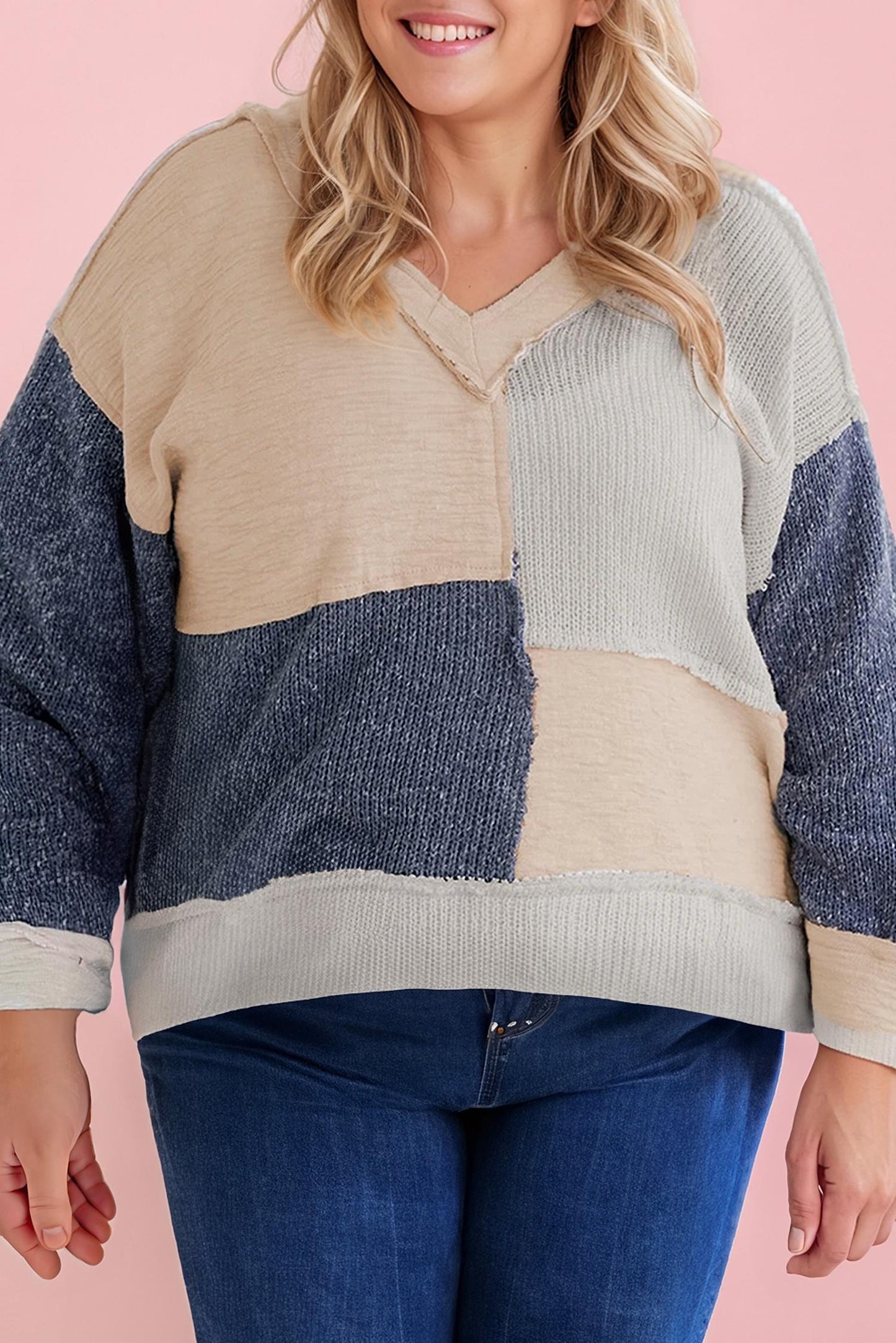 66Disco - Textured Colorblock Patchwork V-neck Top - Plus