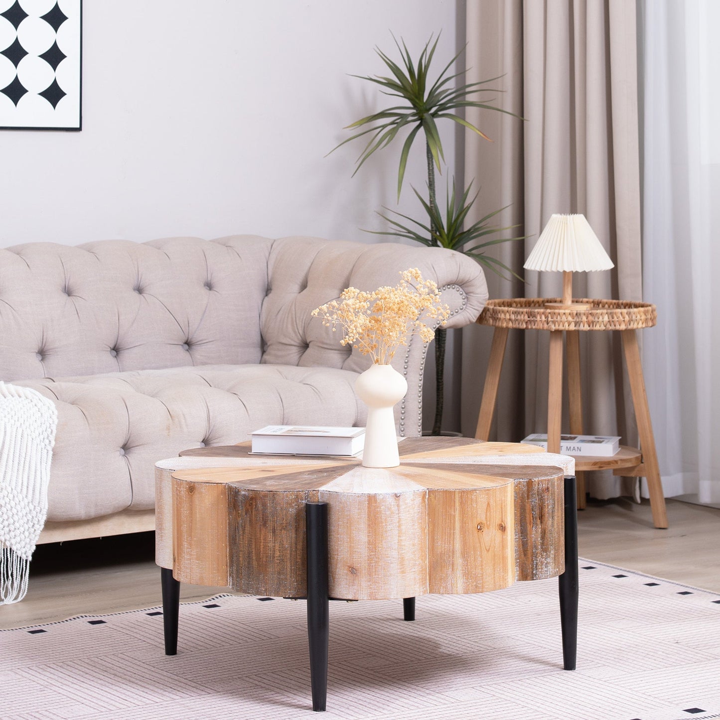 Rustic Manufactured Wood Flower-Shaped Coffee Table with Metal Legs