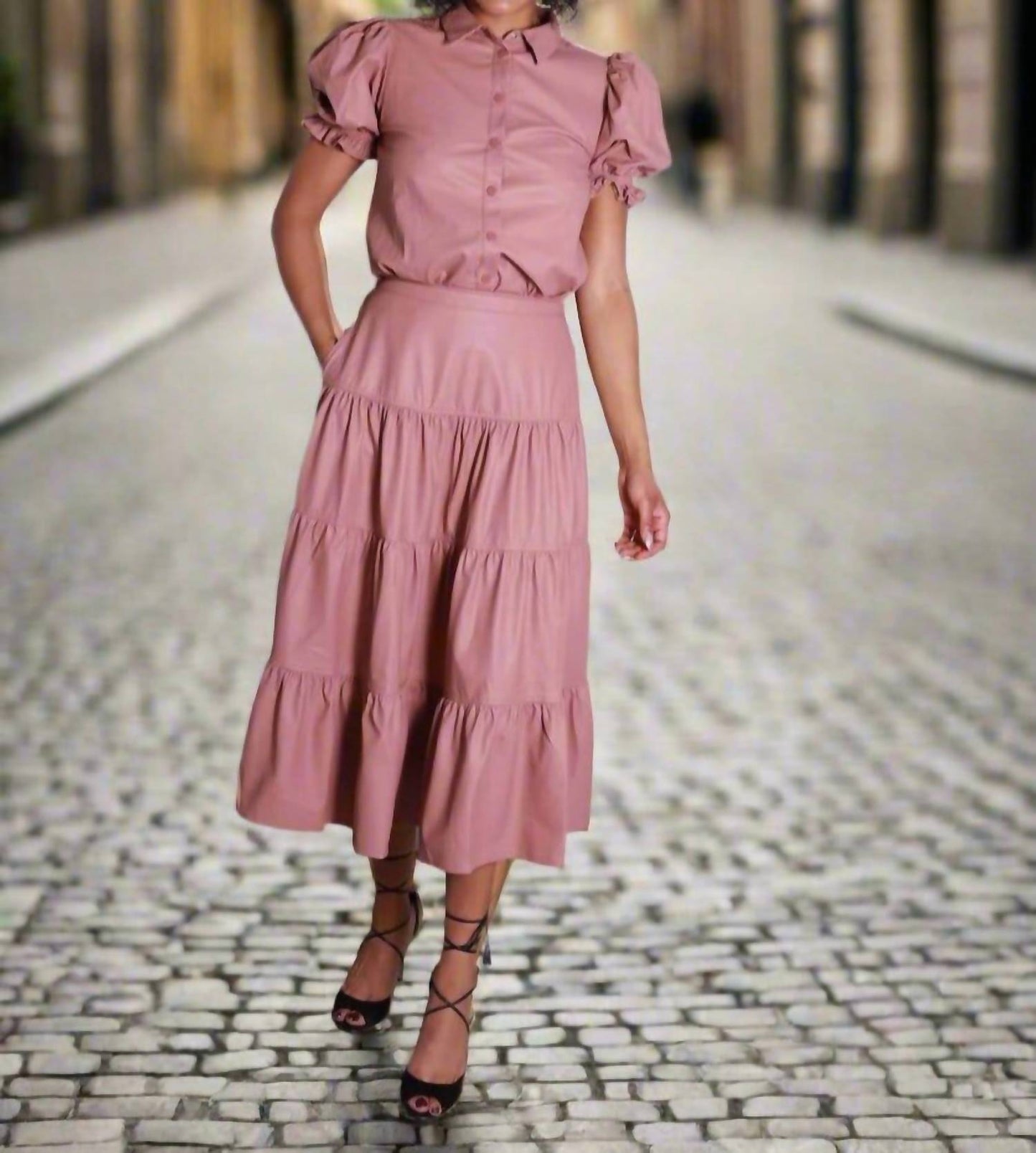 Easel - Shelia's Faux Leather Boho Tiered Maxi Skirt