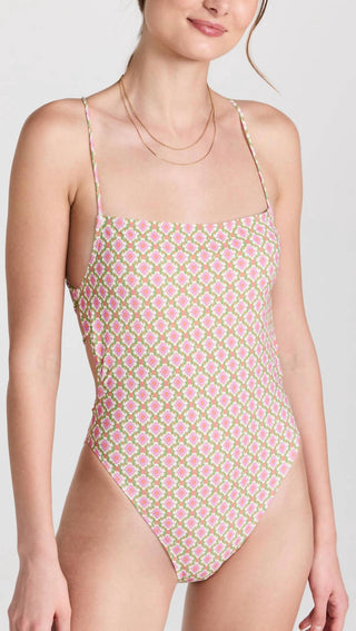 Tory Burch - Women's Printed Tie-Back Adjustable Strap Padded One Piece Swimsuit Vauban Diamond