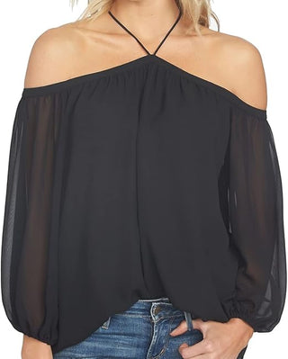1.STATE Women's Off the Shoulder Halter Neck Blouse Black