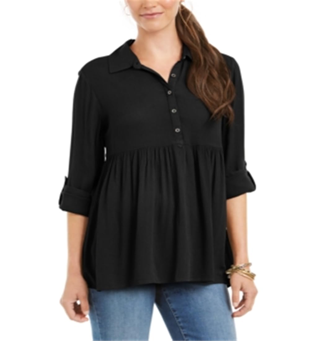 Style & Co Women's Roll Sleeve Oversized Shirt Black Size Small