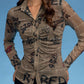 Oolala - Plaid/numbers Rouched Mesh Shirt