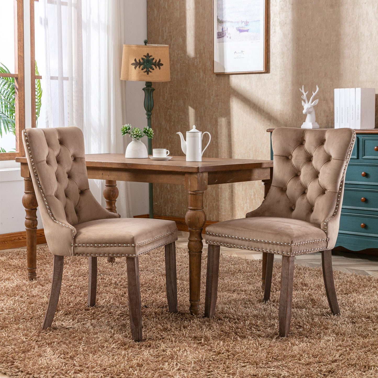 Nikki Collection Modern Tufted Velvet Upholstered Dining Chair - 2 Pieces, Khaki
