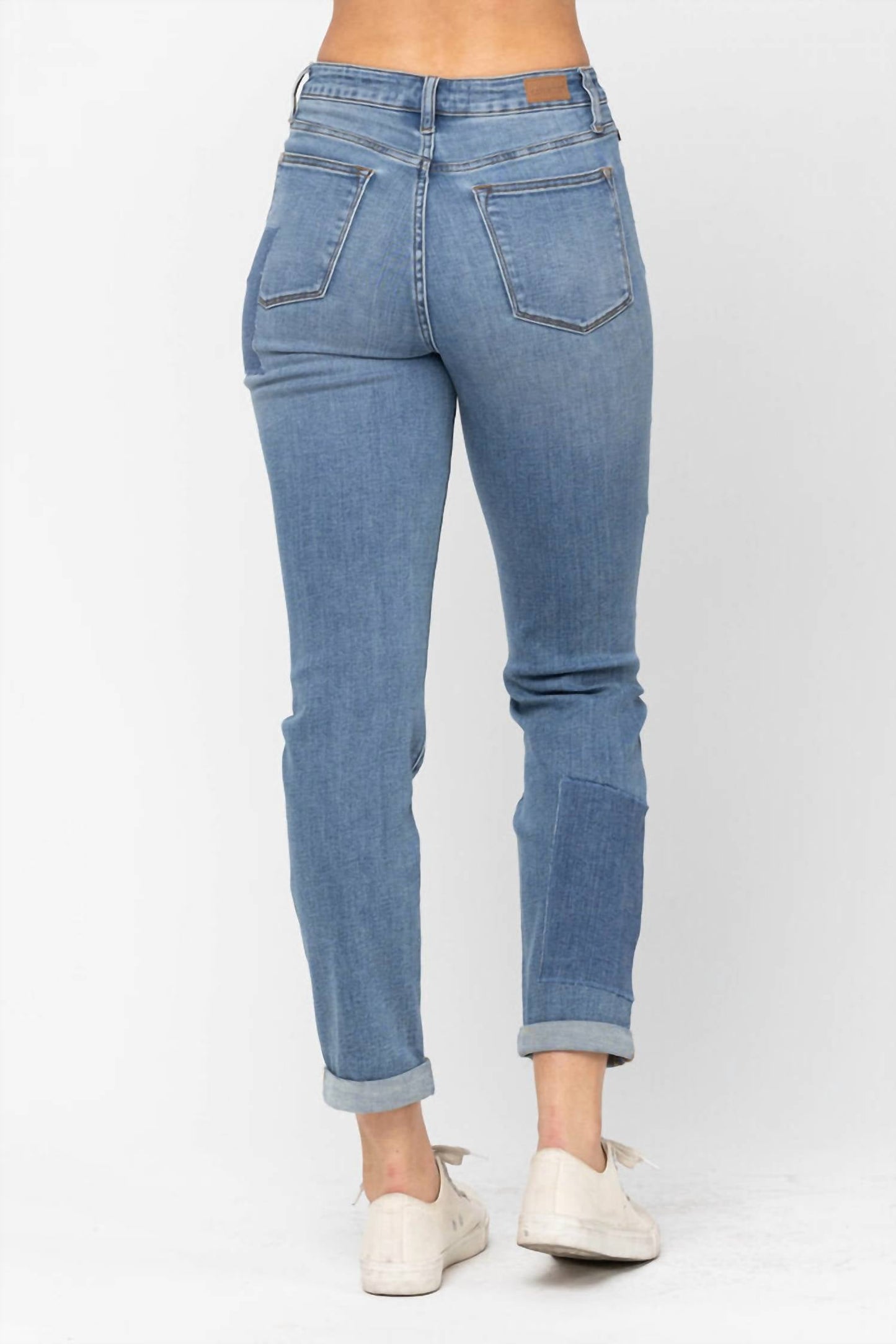 Judy Blue - High Waist Double Rolled Cuff Patch Boyfriend Jeans