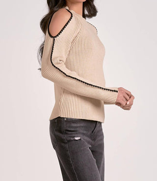 Elan - Contrast Trim Cold Shoulder Sweater
