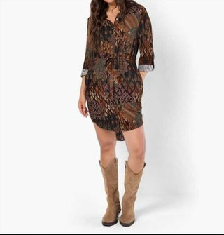 Apricot - Tribal Ikat Patchwork Shirt Dress