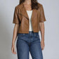 11 Uptown - Collarless Short Sleeve Leather Moto Jacket