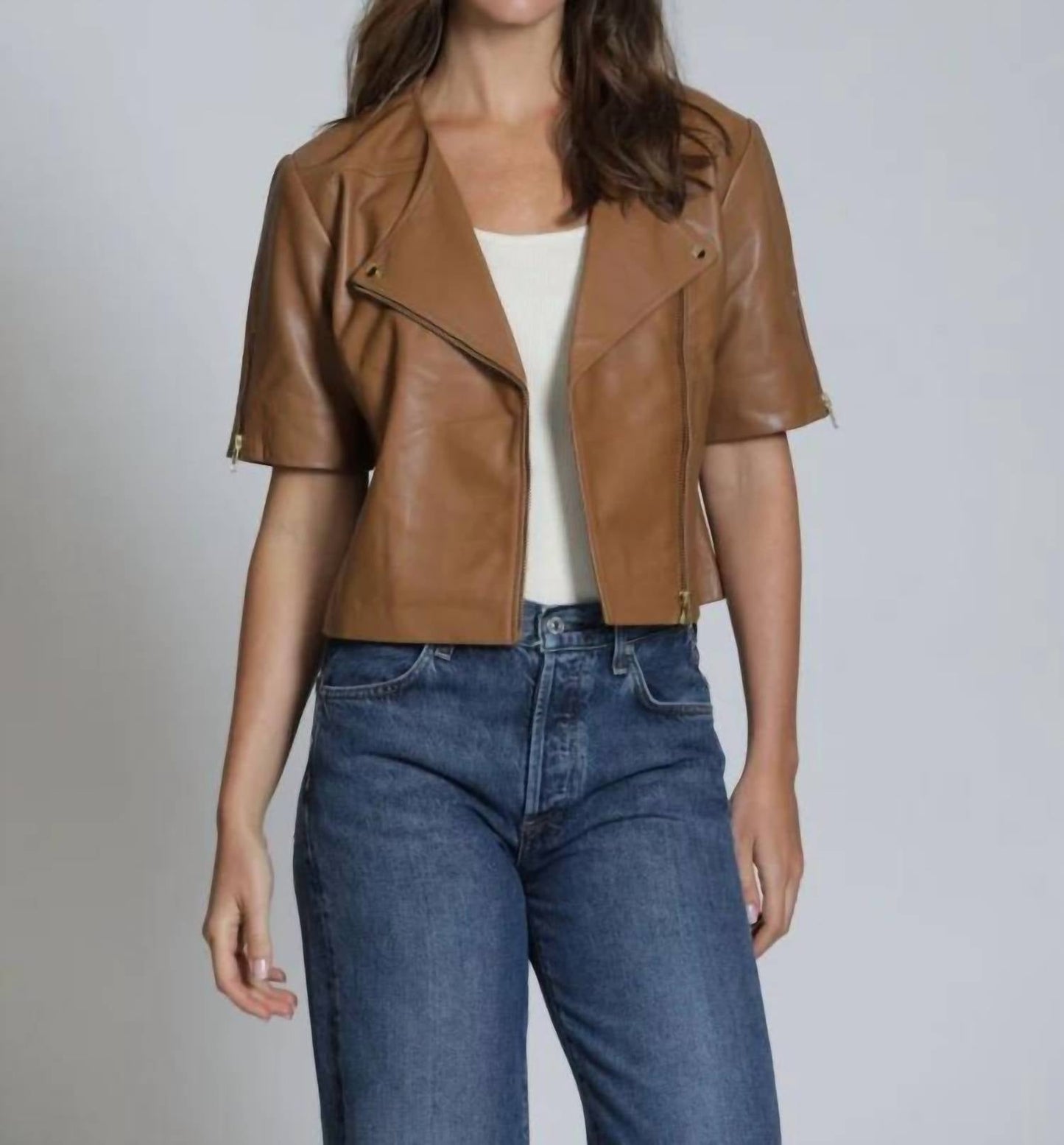 11 Uptown - Collarless Short Sleeve Leather Moto Jacket