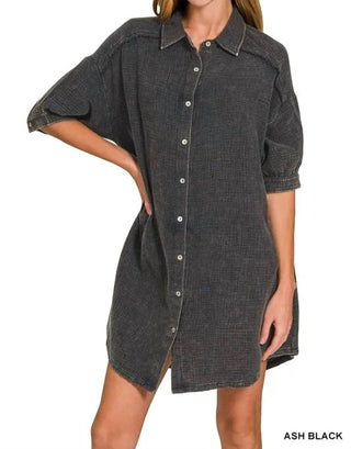 Trendsi - Zenana Washed Double Gauze Button Down Shirt Dress