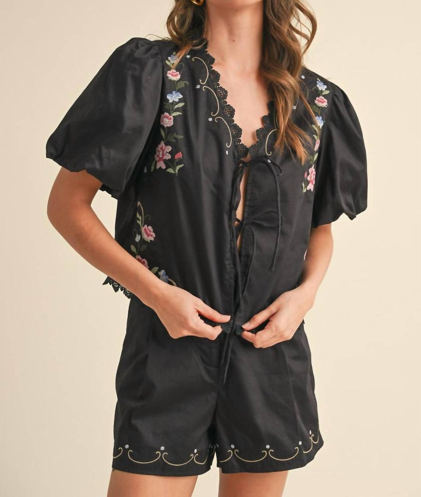 &Merci - Floral Embroidery Lace Trom Top And Shorts Set