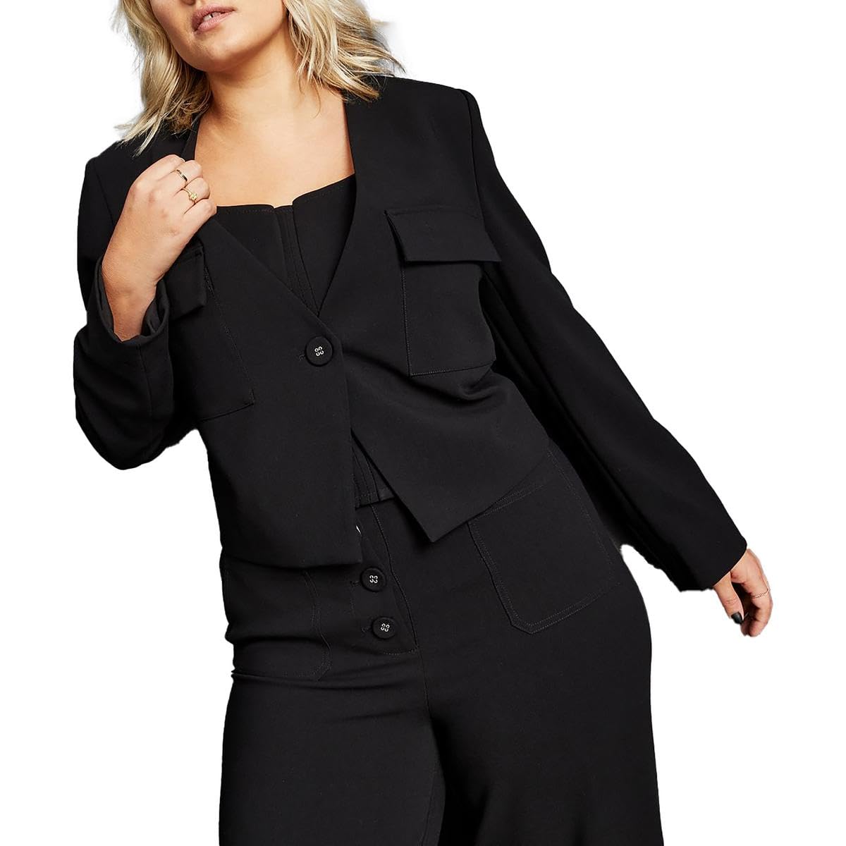 Royalty By Maluma Womens Collarless Suit Separate OneButton Blazer Black M
