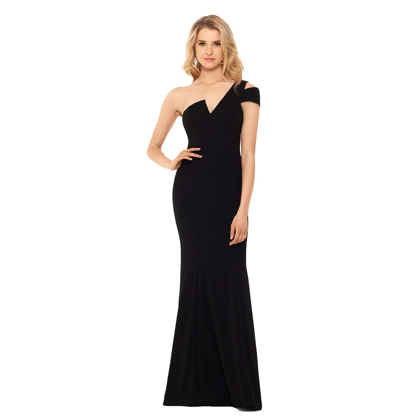 Betsy & Adam Long Slim One Shoulder Dress - Cold Shoulder Evening Gown - Form Fitting Formal Dress with Asymmetrical V Neck (8) Black