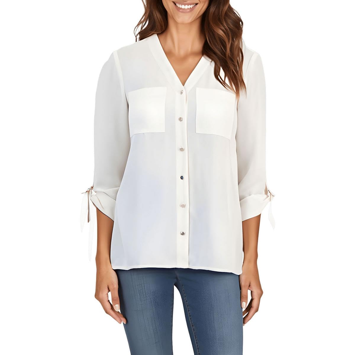 Jones New York Womens Chiffon Pocket Button Down Top Ivory XLarge Petite