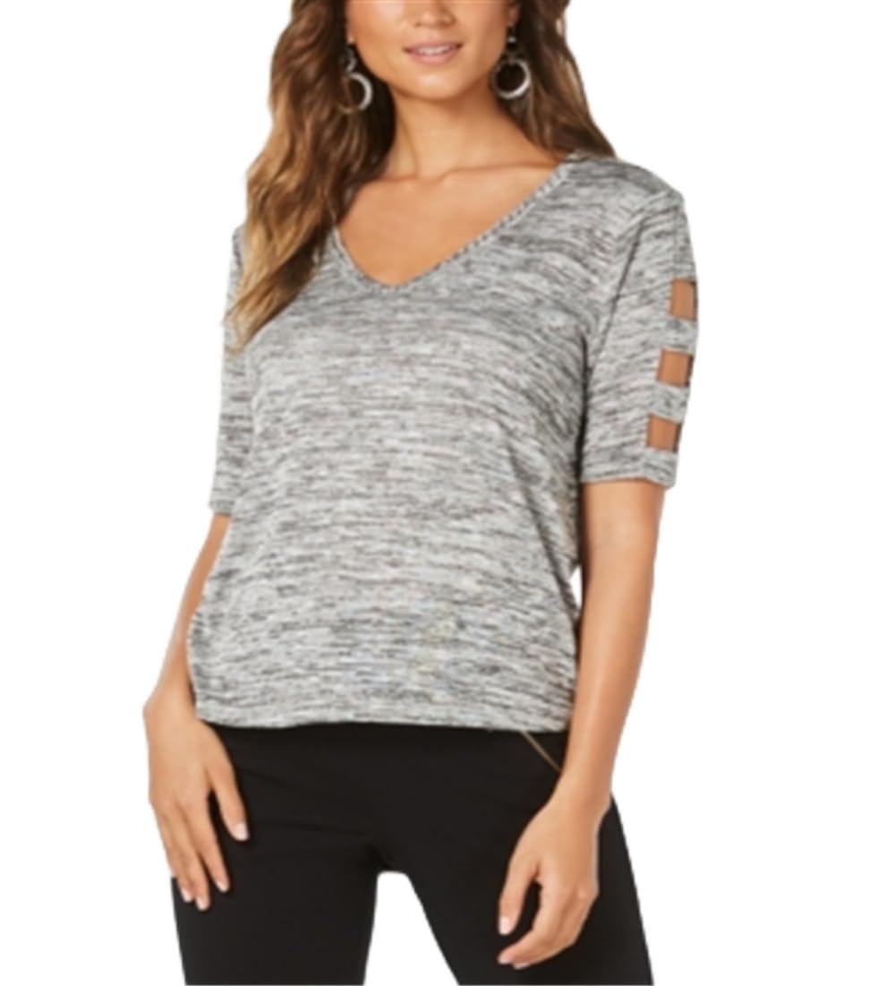 Thalia Sodi Women's Metallic Heathered Cutout Sleeve Top Gray Size Small