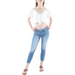 BCBGeneration Women's Short Sleeve Slim Fit Tie Front Ruffle Hem Smocked Back Crop Top, White, Large