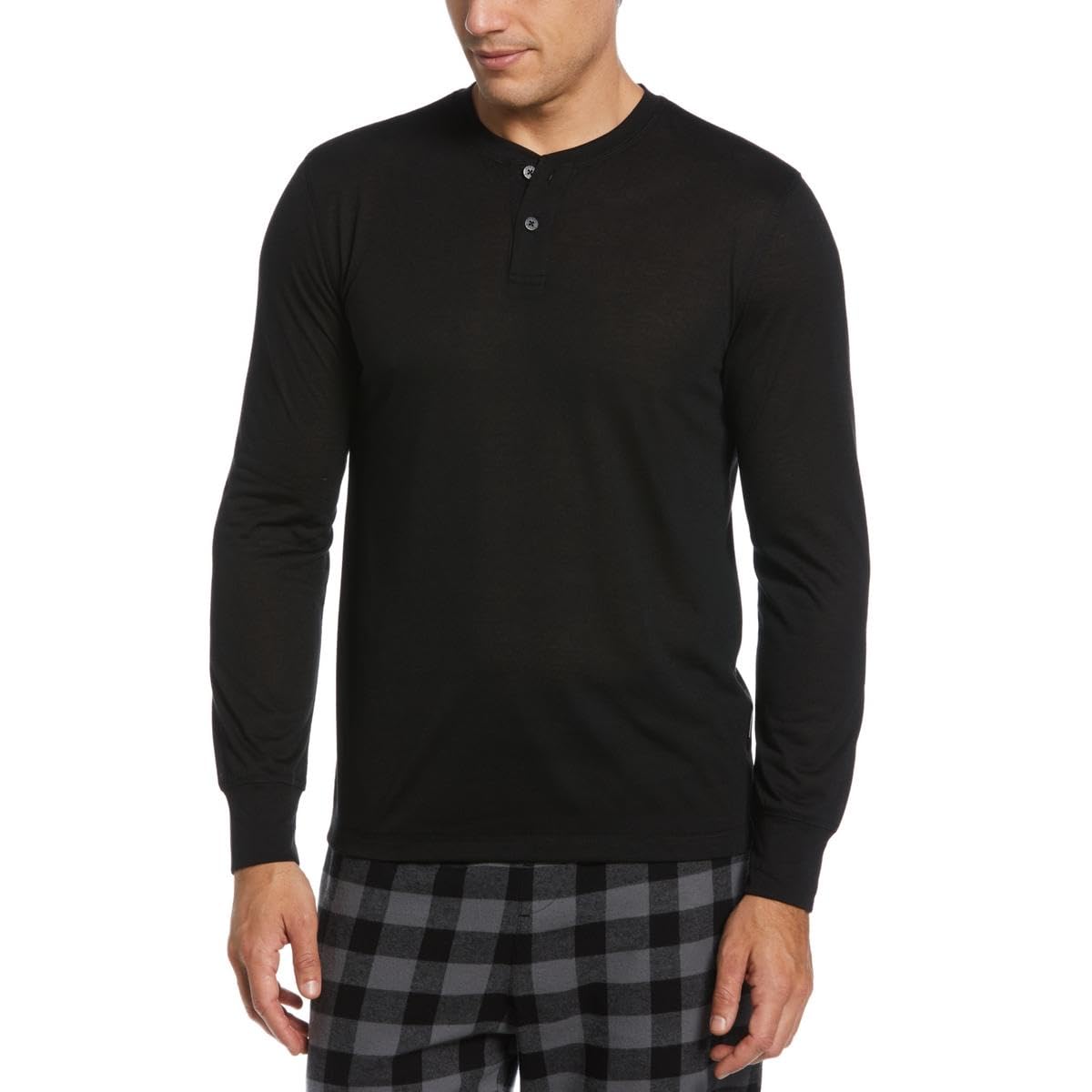 Perry Ellis Portfolio Mens Solid Henley Sleep Shirt Jet Black Small