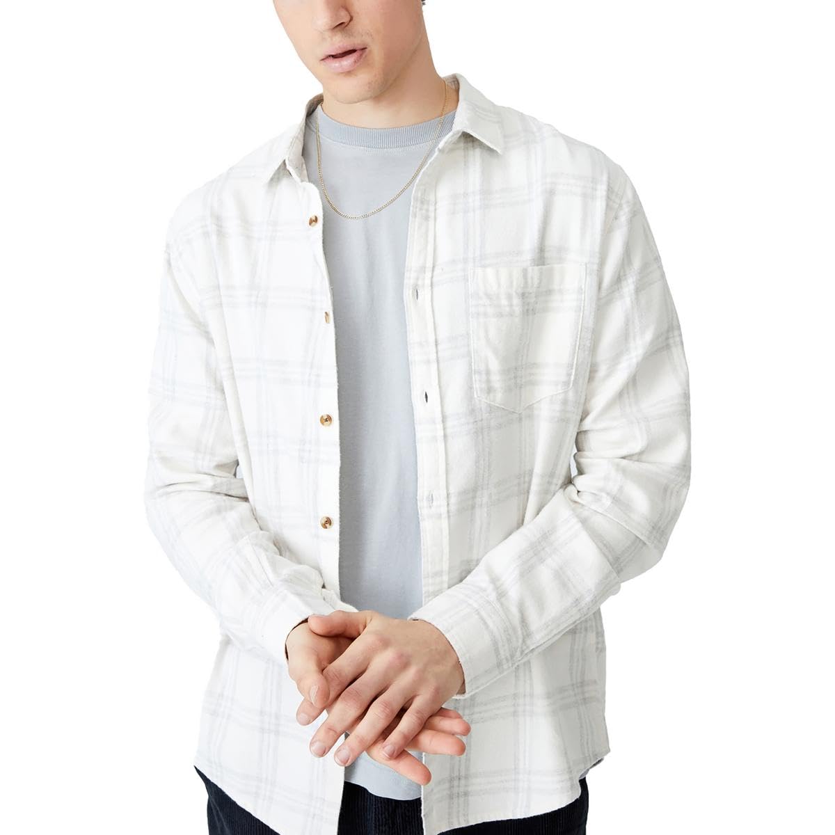 COTTON ON Mens Camden Plaid Collared Button-Down Shirt Ivory XL